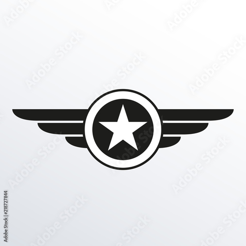 Wings with star icon. Winged logo template.  Air force badge, army, military and aviation emblem. Vector illustration. 