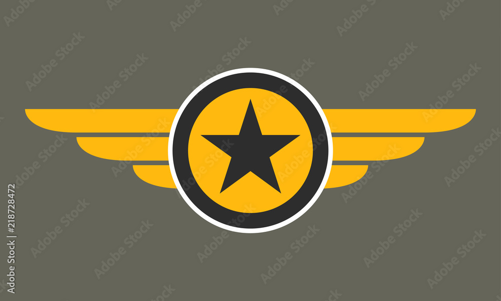 Wings with star icon. Winged logo template.  Air force badge, army, military and aviation emblem. Vector illustration. - obrazy, fototapety, plakaty 