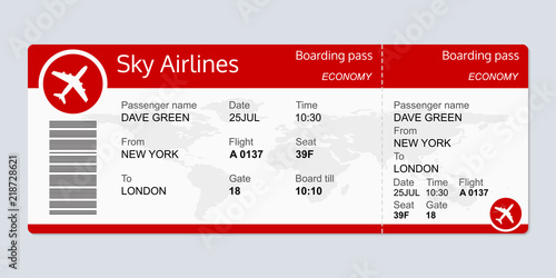 Plane ticket template. Airplane flight ticket blank. Boarding pass. Vector illustration.