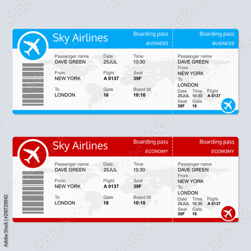 Plane ticket template. Airplane flight ticket blank. Boarding pass. Vector illustration.
