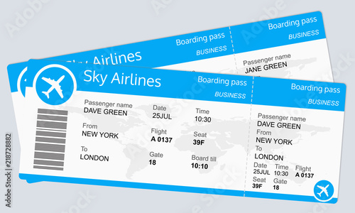 Plane ticket template. Airplane flight ticket blank. Boarding pass. Travel by plane concept with 2 tickets. Vector illustration.