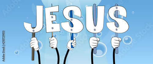 Diverse hands holding letters of the alphabet created the word Jesus. Vector illustration.