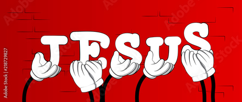 Diverse hands holding letters of the alphabet created the word Jesus. Vector illustration.