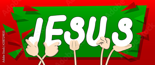 Diverse hands holding letters of the alphabet created the word Jesus. Vector illustration.