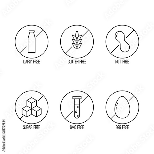 Vector set of food diet labels for non GMO foods, sugar and allergens. Icons in linear style.