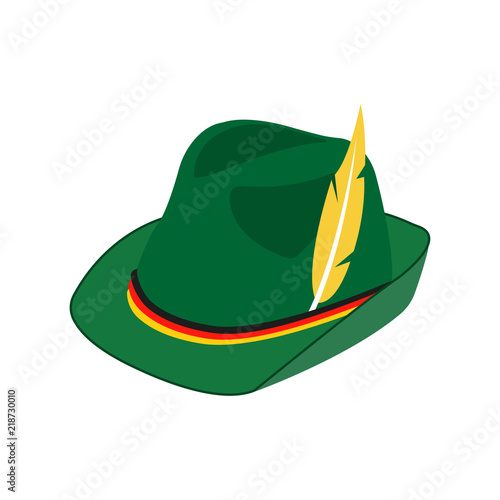 Oktoberfest hat. Traditional German hunting hat with feather and Germany flag ribbon. Octoberfest Beer festival symbol. Vector illustration.