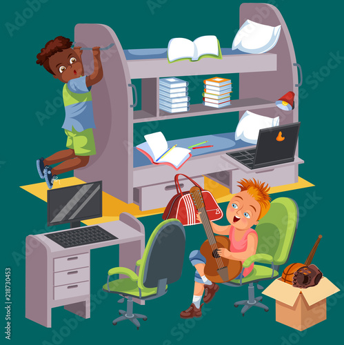 Boys dorm room colorful poster. University students living in dormitory together vector illustration