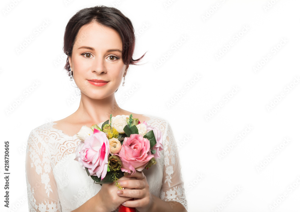 elegant bride on a light background. Beautiful wedding bouquet in a bride hands. free space for your text elegant bride on a light background. Beautiful wedding bouquet in a bride hands. free space for your text