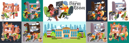 Welcome back to dorm room colorful flat set consist of interior of students apartments and building of dormitory vector illustration.