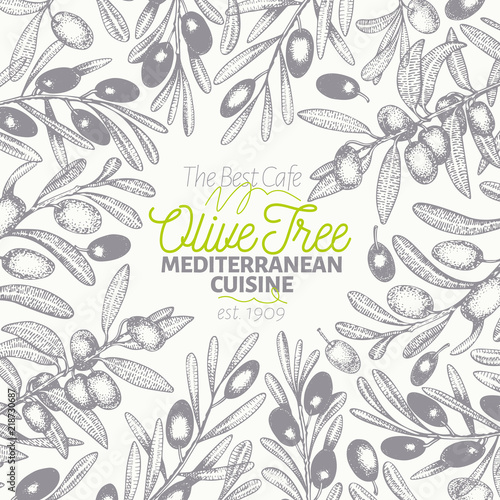 Olive tree banner template. Vector vintage illustration. Hand drawn engraved style frame. Design for olive oil  olive packaging  natural cosmetics  health care products. Retro style image.