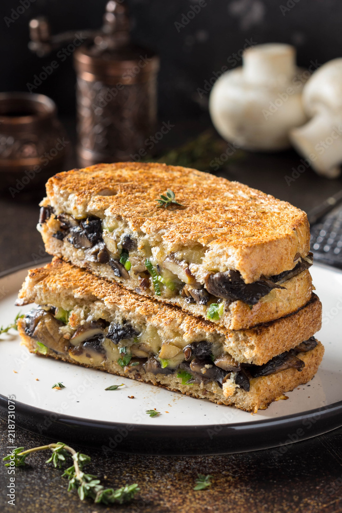 Hot sandwich with mushrooms, cheese and green onions, delicious lunch, autumn food. Dark background Hot sandwich with mushrooms, cheese and green onions, delicious lunch, autumn food. Dark background