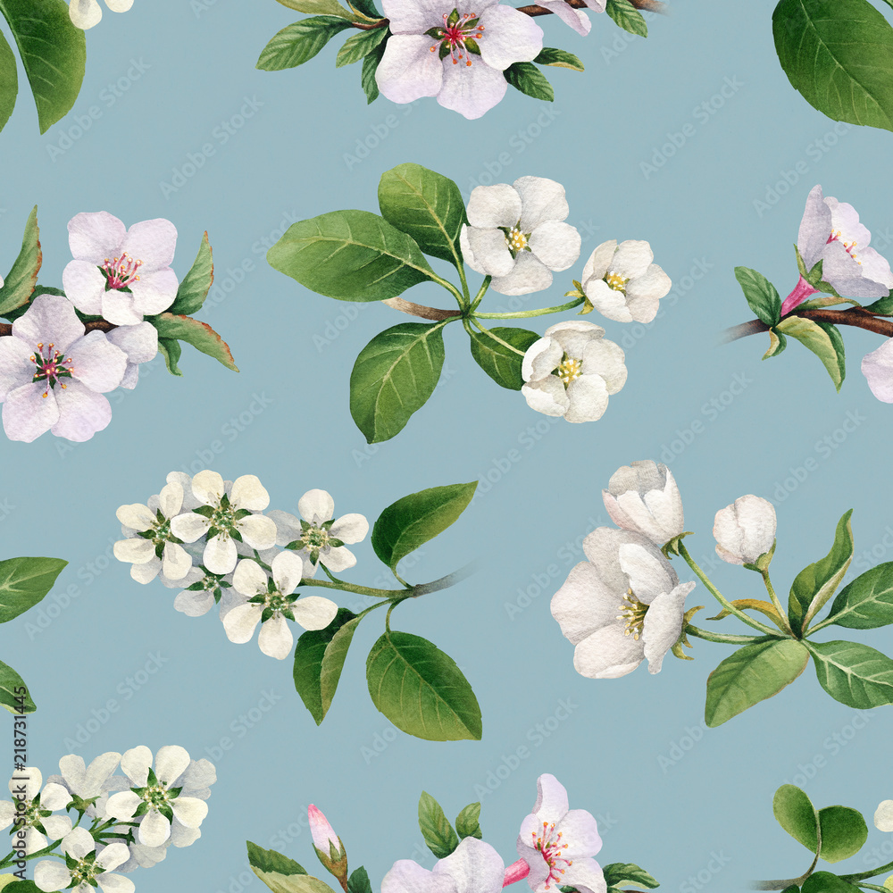 Fototapeta premium Watercolor spring flowers. Hand painted blooming trees. Seamless pattern