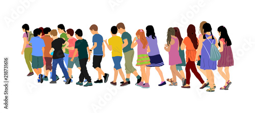 Kids going to school together, vector illustration. Back to School. Happy boys and girls. School kids excursion vector illustration. Children crowds. Children in big group. Friends cross the street.
