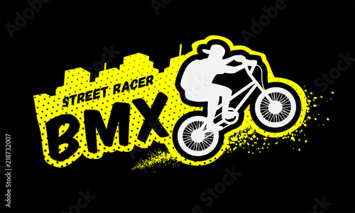 Bmx racer, emblem in grunge style.