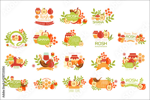 Rosh Hashanah Bright Postcard Labels Set Of Designs. Colorful Simple Holiday Logo Collection With Traditional Symbols