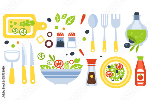 Salad Preparation Set Of Utensils Illustration. Flat Primitive Graphic Style Collection Of Cooking Items And Vegetables