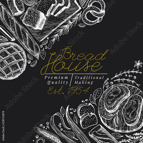 Bakery top view banner template. Hand drawn vector illustration with bread and pastry on chalk board. Retro design template. Can be use for menu, packaging.