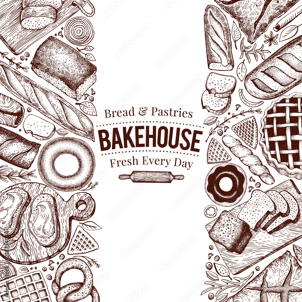 Bakery top view frame. Hand drawn vector illustration with bread and ...