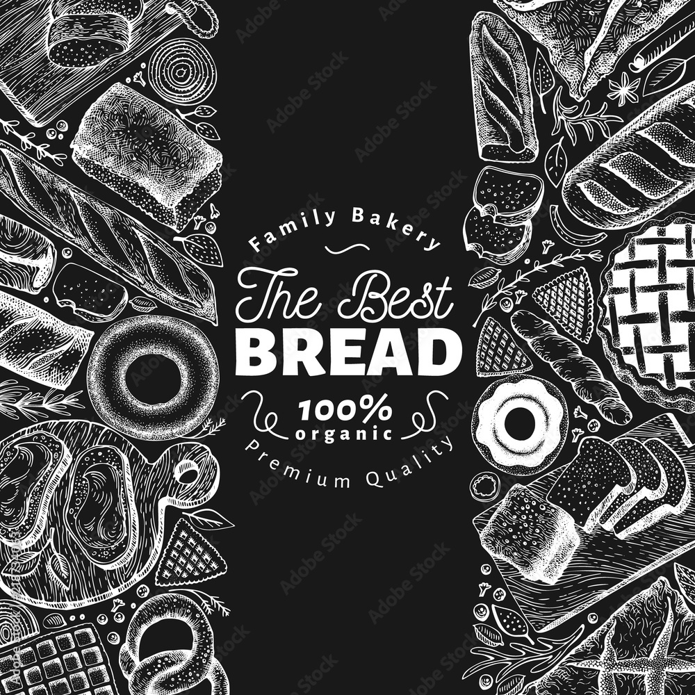 Bakery top view frame. Hand drawn vector illustration with bread and ...