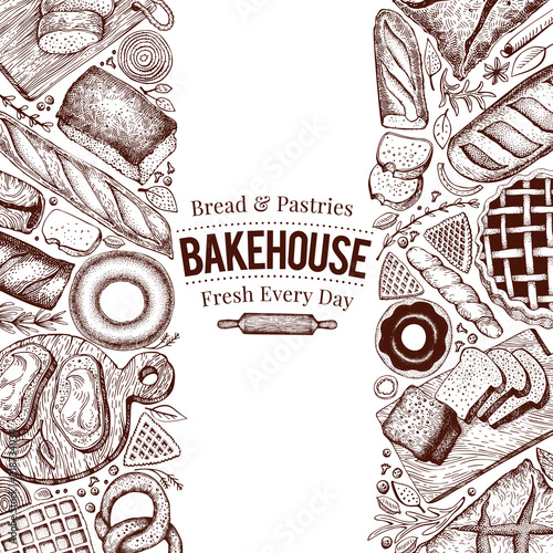 Bakery top view frame. Hand drawn vector illustration with bread and pastry on chalk board. Retro design template. Can be use for menu, packaging.