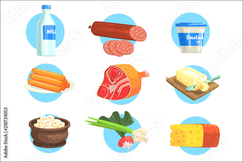 Set Of Fresh Farm Products Colorful Stickers With Blue Circle On The Background In Detailed Simple