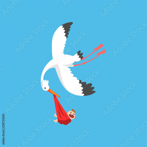White stork delivering a newborn baby, flying bird carrying a bundle with crying baby, template for baby shower banner, invitation, poster, greeting card vector Illustration