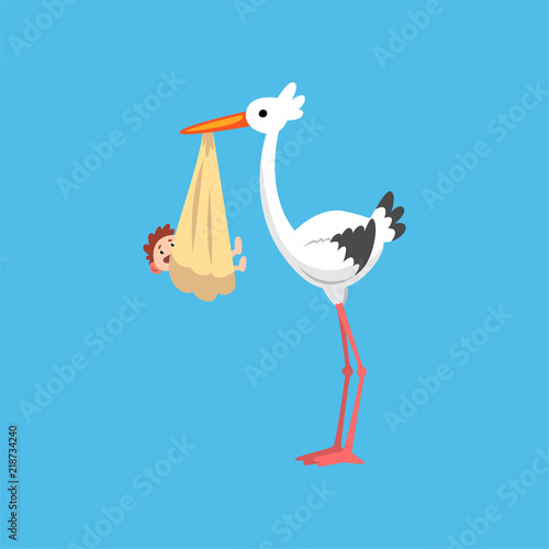 White stork delivering a newborn baby, stork with a bundle, template for baby shower banner, invitation, poster, greeting card vector Illustration