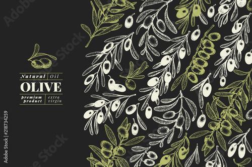 Olive tree banner template. Vector vintage illustration on chalk board. Hand drawn engraved style background. Design for olive oil, olive packaging, natural cosmetics, health care products.