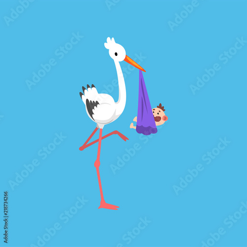 White stork delivering bundle with newborn baby, template for baby shower banner, invitation, poster, greeting card vector Illustration
