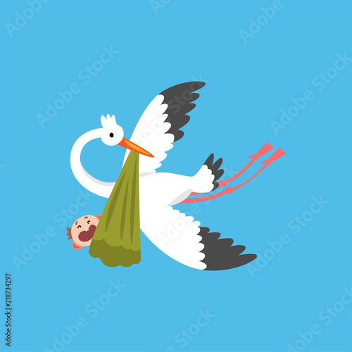 Stork delivering a newborn baby, flying bird carrying a bundle with crying kid, template for baby shower banner, invitation, poster, greeting card vector Illustration