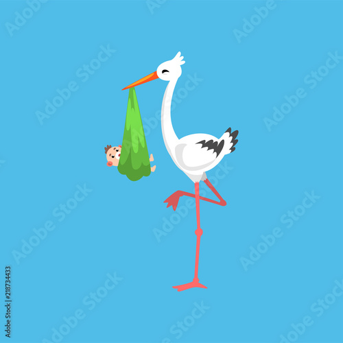 White stork carrying newborn baby, design template for baby shower banner, invitation, poster, greeting card vector Illustration