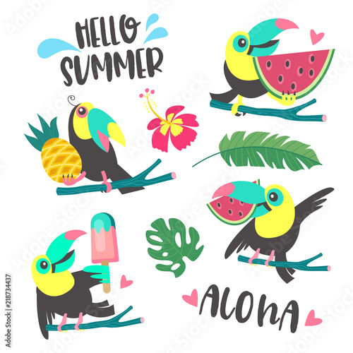 Hello summer. Aloha. Cute cheerful Toucan. Colorful vector illustration  emblem.