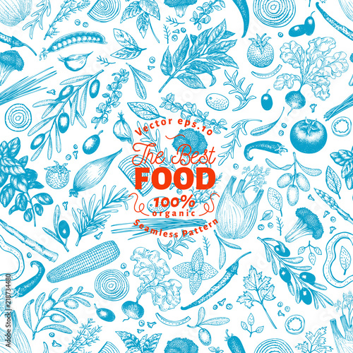 Vegetables and herbs vector seamless pattern. Retro engraved style background with olives. Hand drawn illustration. Can be use for menu, packaging, farm market products.