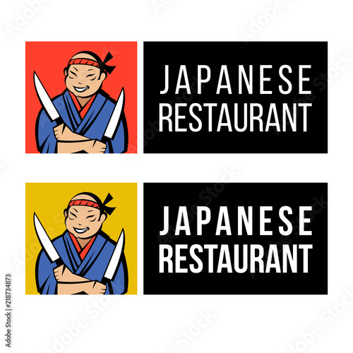 Japanese chef with two knives. Vector logo.