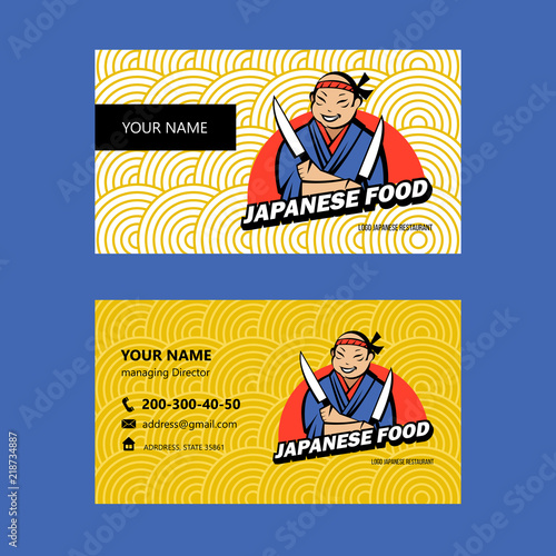 Japanese chef with two knives. Vector logo.