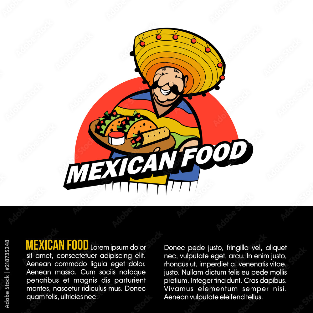 Mexican dressed in a national costume and hat holds a tray of traditional Mexican food. Vector logo. Mexican dressed in a national costume and hat holds a tray of traditional Mexican food. Vector logo.