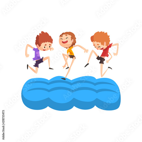 Happy boys having fun on inflatable trampoline vector Illustration on a white background