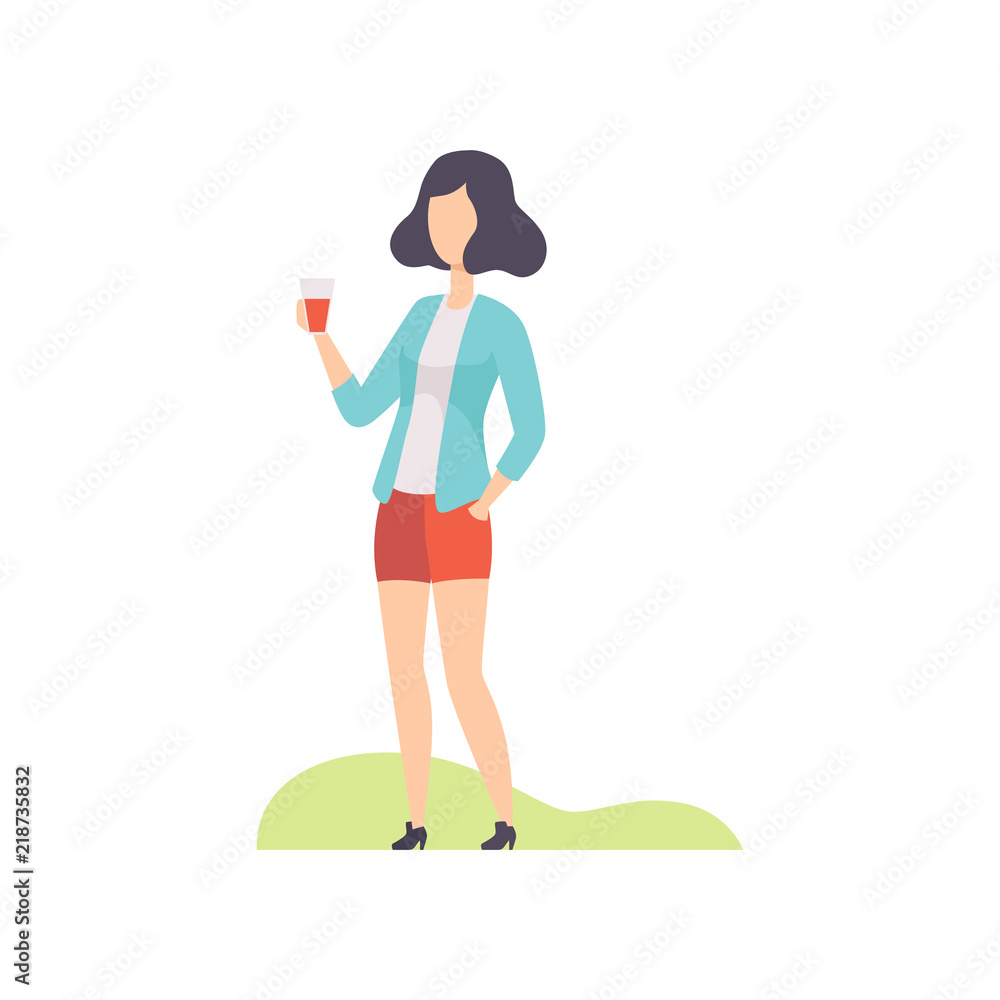 Young woman standing with plastic cup of drink, girl having outdoor bbq party vector Illustration on a white background Young woman standing with plastic cup of drink, girl having outdoor bbq party vector Illustration on a white background