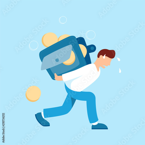 Man carrying a heavy wallet with coins vector illustration in flat design. Tired hard working person cartoon character concept.