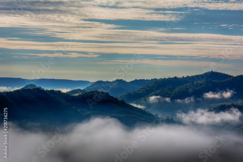 Forests, mountains, fog and blue cloudy sky are landscape in Thailand.