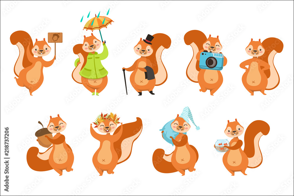 Fototapeta premium Squirrel Different Activities Set Of Girly Character Stickers