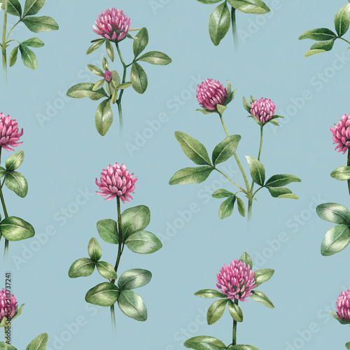 Watercolor illustrations of clover flowers. Seamless pattern © Aleksandra Smirnova