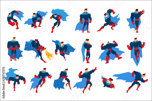 Superhero With Blue Cape In Different Comics Classic Poses Stickers