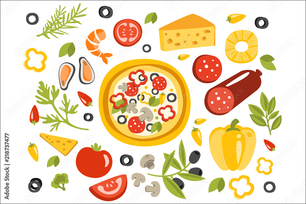 Pizza Preparation Set Of Ingredients Illustration. Flat Primitive Graphic Style Collection Of Cooking Elements Pizza Preparation Set Of Ingredients Illustration. Flat Primitive Graphic Style Collection Of Cooking Elements