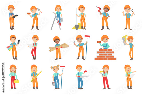 Children Doing Construction Work Set Of Bright Color Isolated Vector Drawings In Simple Cartoon Design