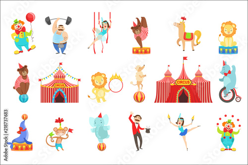 Circus Related Objects And Characters Set. Cute Cartoon Childish Style Illustrations Isolated