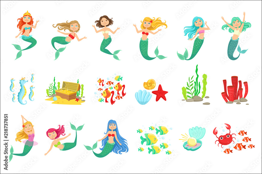 Mermaids And Underwater Nature Stickers. Cute Cartoon Childish Style Illustrations Isolated Mermaids And Underwater Nature Stickers. Cute Cartoon Childish Style Illustrations Isolated