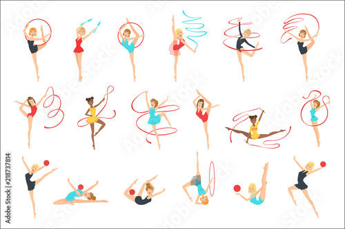 Rhythmic Gymnasts Training With Different Apparatus Set Of Flat Simplified Childish Style Cute Vector Illustrations Isolated