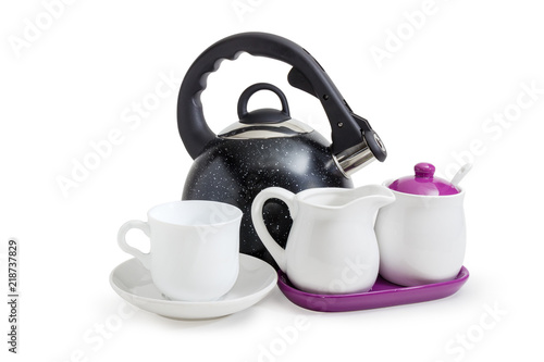 Black stainless steel stovetop kettle, cup, sugar bowl, creamer