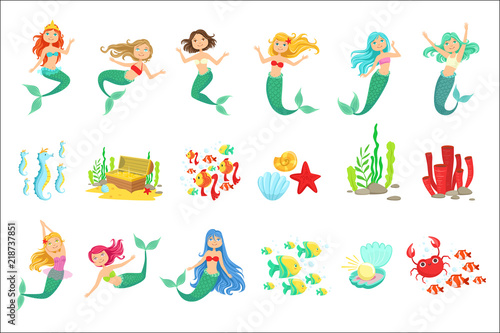 Fototapeta Naklejka Na Ścianę i Meble -  Mermaids And Underwater Nature Stickers. Cute Cartoon Childish Style Illustrations Isolated